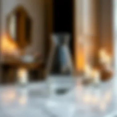 Stylish glass vase on a marble countertop surrounded by candles