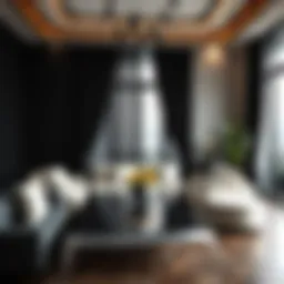 Elegant living room featuring black sheer curtains with geometric patterns