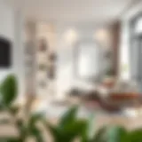 Elegant white corner ladder shelf in a modern living room