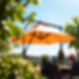 A beautifully designed tilted garden umbrella providing shade in a sunny outdoor setting