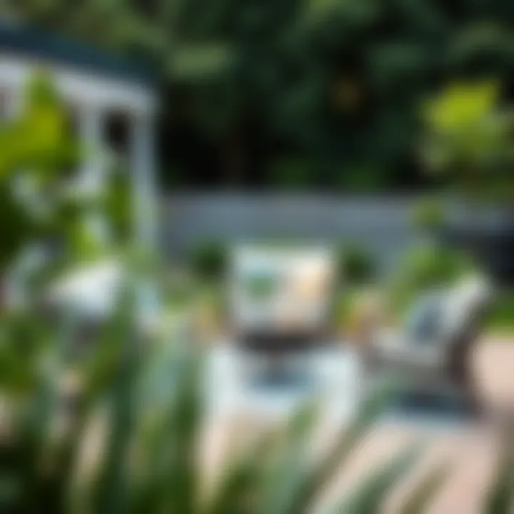 Trendy patio furniture arrangement in a garden setting