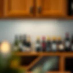 Elegant wooden under cabinet wine rack showcasing various wine bottles