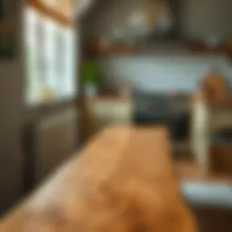 Aesthetic view of an unfinished wooden kitchen bench showcasing natural textures