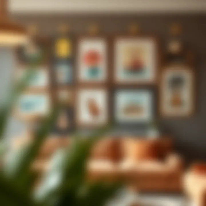 Creative arrangement of framed art pieces using command hooks