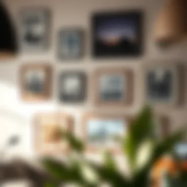 Stylish wall showcasing framed photographs hung with command hooks