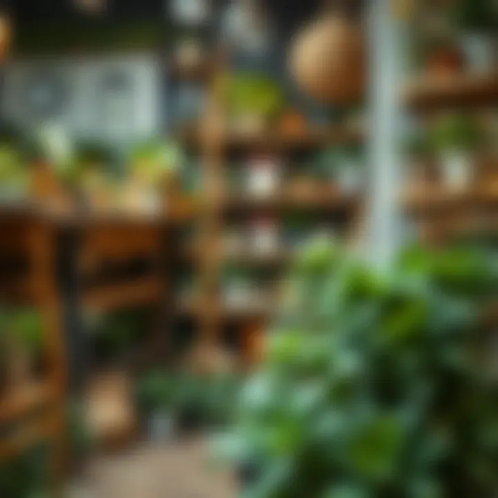 Charming Local Store with Fake Plants A quaint local store showcasing small artificial plants