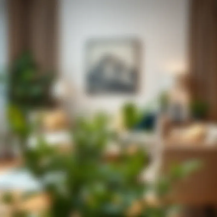 Modern Living Room with Artificial Greenery A stylish arrangement of small fake plants in a modern living room