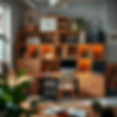 Organized Workspace with Modular Solutions A neatly organized workspace featuring modular wooden storage solutions